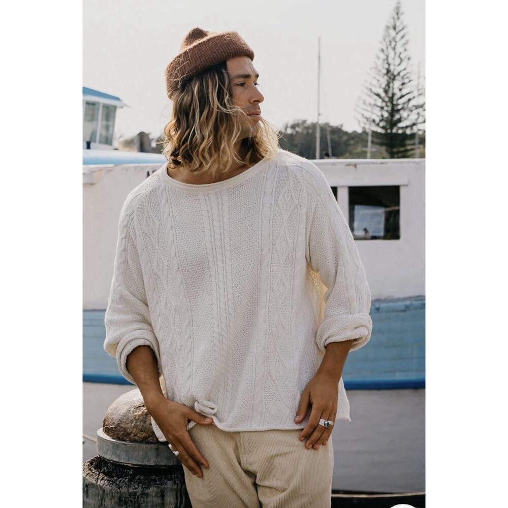 Men's Cream Cable Knit Crewneck Sweater